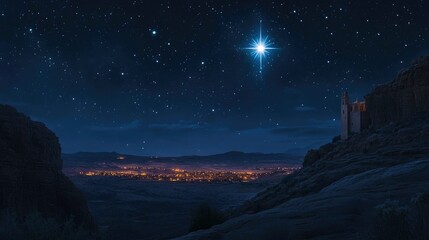 Star of Bethlehem shining brilliantly in a starry sky, with a distant city on the horizon.