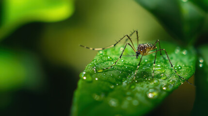 Fototapeta premium close up of mosquito perched on green leaf, surrounded by droplets of water, showcasing intricate details of its body and vibrant greenery. This image highlights beauty of nature and importance of