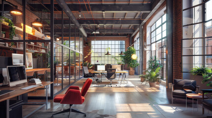 A forward-thinking decentralized office featuring blockchain technology, smart contracts, and cloud-based collaboration for remote teams.