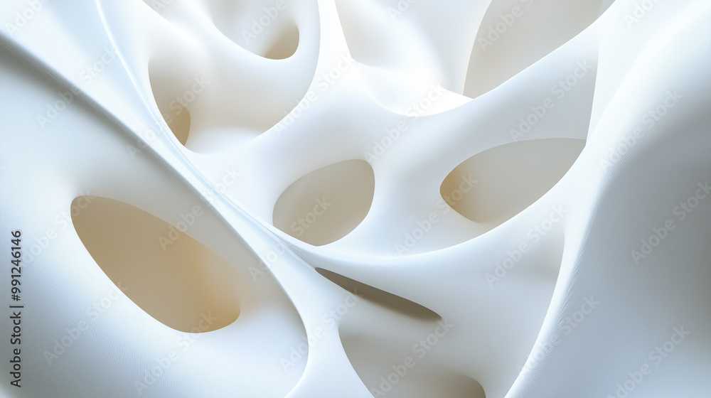 Poster Abstract white smooth shape with holes is flowing and transforming