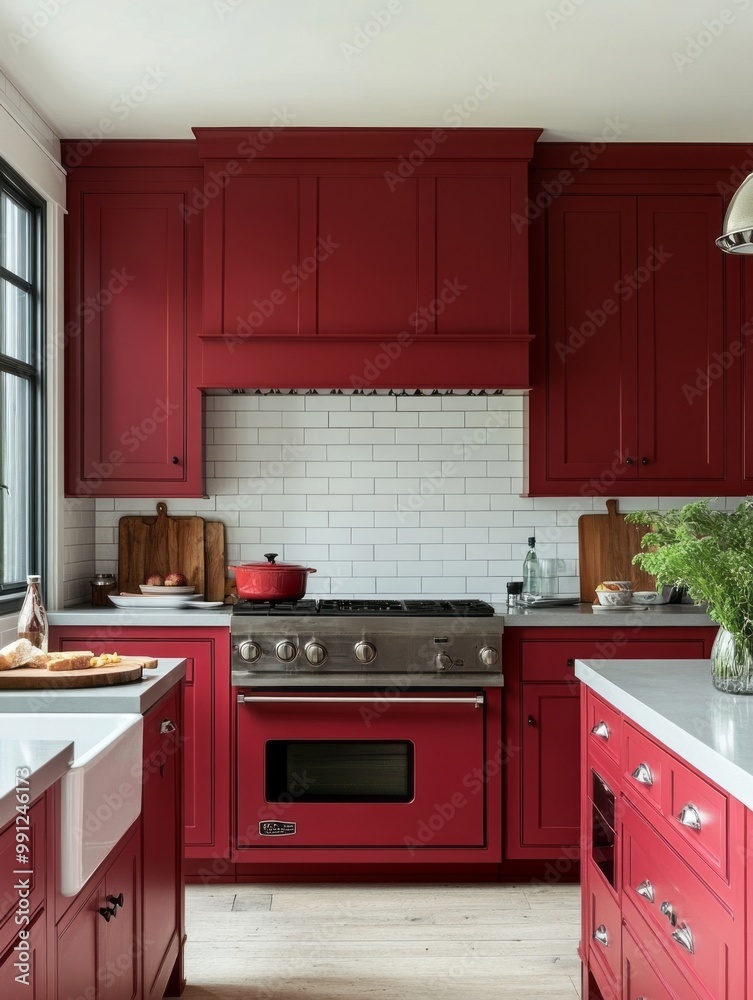 Wall mural a kitchen with brick red cabinets, light grey countertops, and a white backsplash, creating a warm a