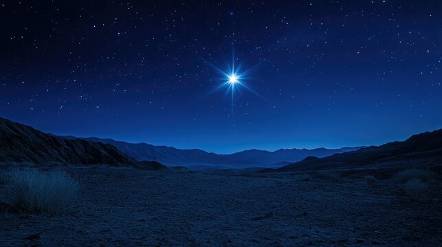 The Star of Bethlehem lighting up the night sky, guiding travelers through a vast desert.