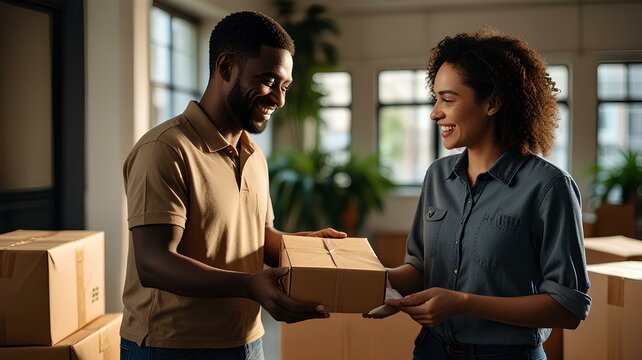 Two people exchanging a parcel in a casual setting.