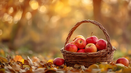 A basket of freshly picked apples set against a backdrop of golden autumn trees