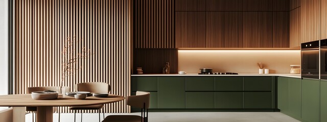 Modern kitchen with green cabinets and a dining table, with vertical wood slats on the wall behind it