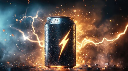 An aluminum can of energy drink, surrounded by dynamic lightning flashes, conveying power and refreshment