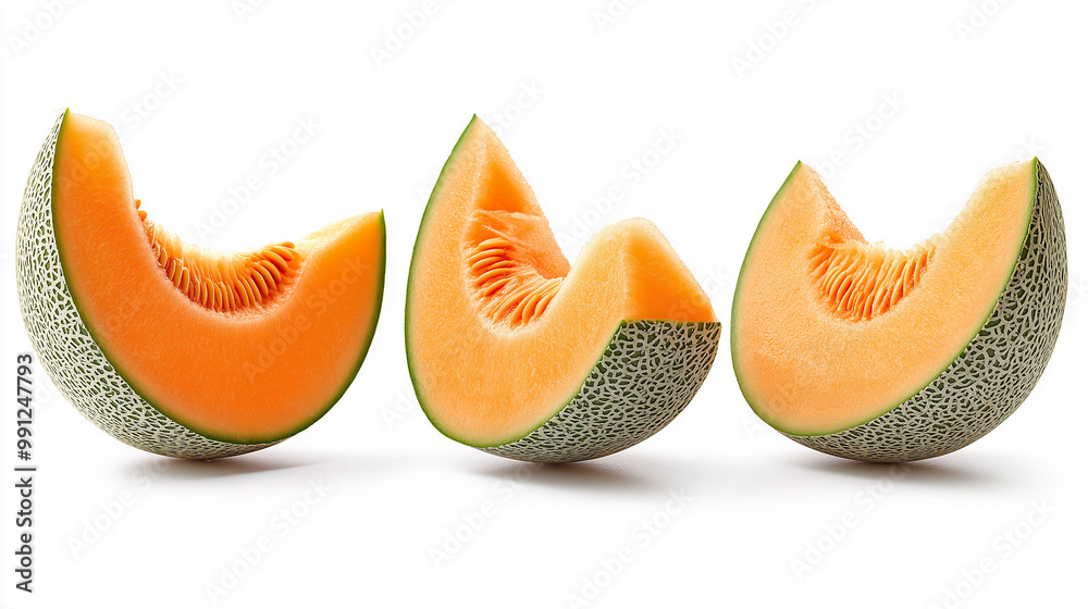 Poster three slices of freshly cut cantaloupe on a white background