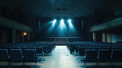 Naklejka premium Wide-angle view of a deserted conference hall with blue chairs, spotlight shining on the stage.