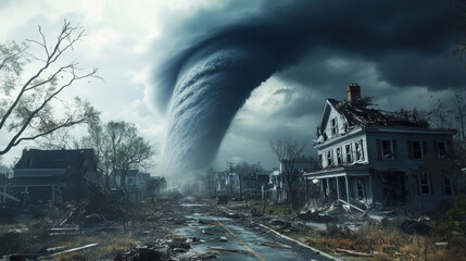powerful tornado looms over devastated town, with damaged houses and debris scattered along deserted street. ominous sky adds to scenes intensity and destruction