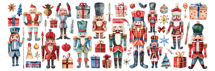 Set of isolated cute nutcrackers in vivid hand painted watercolor painting on a transparent background for ornamental Christmas and New Year celebration party decoration elements.