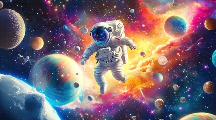 An astronaut flies through colorful outer space, surrounded by bright planets and cartoon stars, exploring the galaxy in a whimsical styl