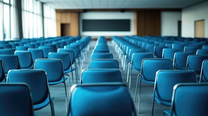 An empty conference room with rows of blue chairs, capturing the calm before a large meeting or presentation