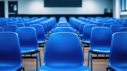 Naklejka premium An empty conference room with rows of blue chairs, capturing the calm before a large meeting or presentation