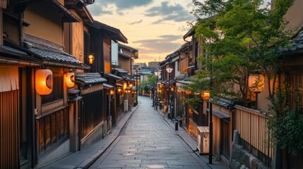 Fototapeta premium A quiet alley in Kyoto Gion district, lined with traditional wooden buildings and glowing paper lanterns.