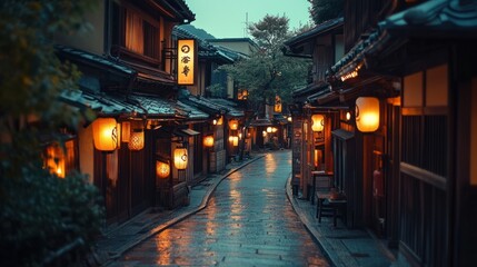 A quiet alley in Kyoto Gion district, lined with traditional wooden buildings and glowing paper lanterns.