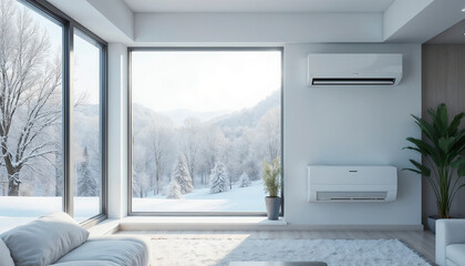 Air conditioner in a modern home for energy-efficient heating system, snowy landscape outside the...