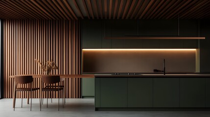 Modern kitchen with green cabinets and a dining table, with vertical wood slats on the wall behind it