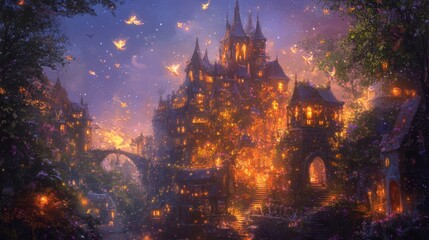 In an ethereal paradise during the 'hoa hoa hoa season,' glowing flowers bloom under a dusky sky