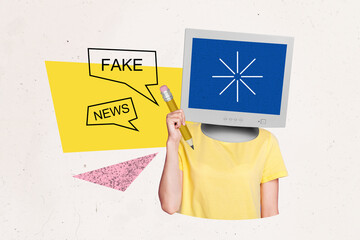 Composite trend artwork sketch photo collage of headless young lady stand computer monitor hold pen speech cloud fake news misleading lie