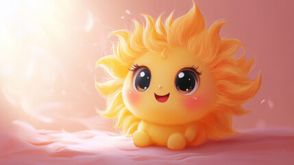 Obraz premium Cute cartoon sun with big eyes smiles happily.
