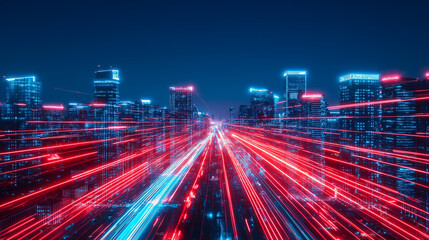 Fototapeta premium Futuristic cityscape with light trails converging on highway at night