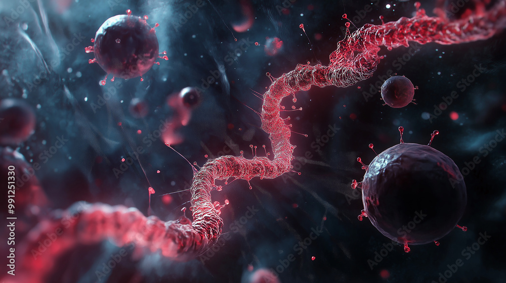 Poster microscopic view of a virus attacking the human body immune system