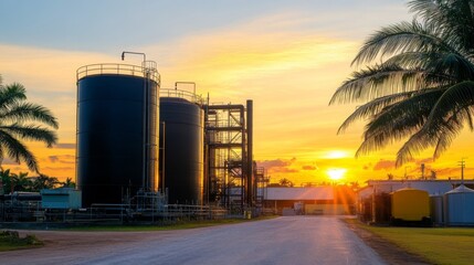 Obraz premium Industrial Sunset with Palm Trees and Storage Tanks