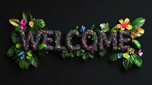 A 3D depiction of the word "WELCOME," formed by an assortment of leaves and flowers arranged
