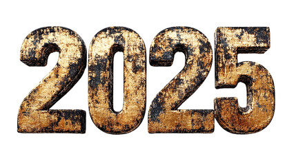 old golden number 2025 on transparent background, white background, happy new year