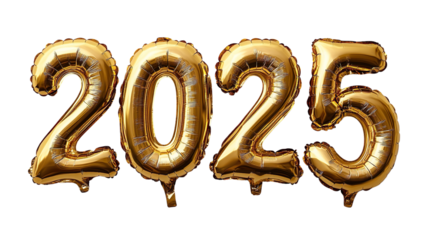 golden ballons number 2025 on transparent background, white background, happy new year