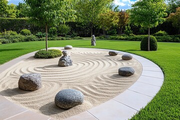 A calm Zen garden with raked sand patterns and stone sculptures, representing mindfulness and tranquility