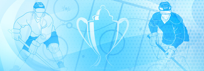 Hockey themed background in blue. Digital illustration featuring two hockey players, one on each side of the frame, with a trophy in the center. The background has abstract patterns.