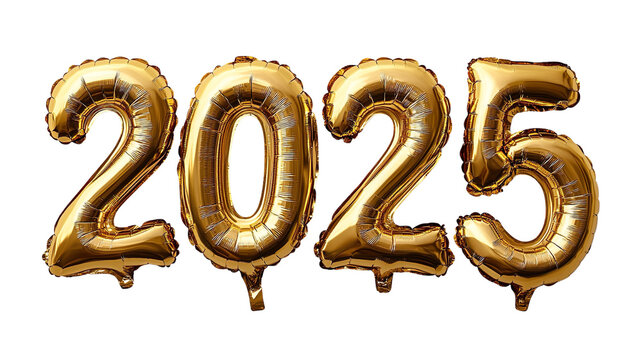 golden ballons number 2025 on transparent background, white background, happy new year