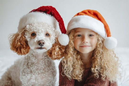 White poodle and curly girl in santa claus hat on white background