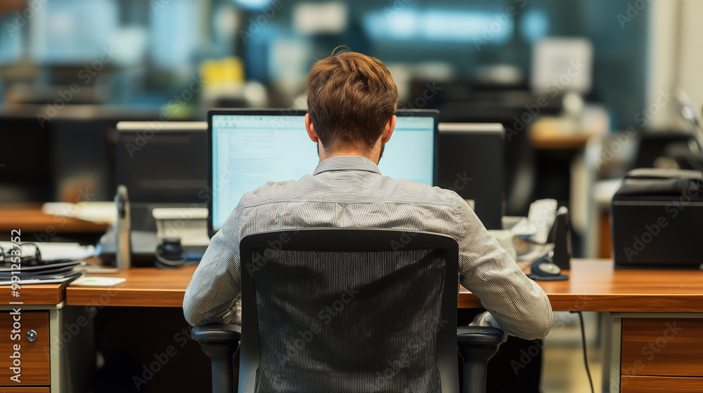 Aufkleber businessman working on computer in busy open plan office