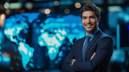 Successful businessman smiling with arms crossed in office at night