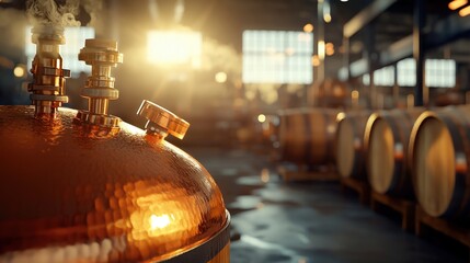Naklejka premium Copper Still in Distillery with Sunlight Reflection
