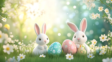 Obraz premium Easter background with a bright and cheerful scene featuring bunnies and Easter eggs