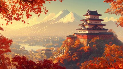 Fototapeta premium A scenic view of a traditional Japanese castle perched on a hill, surrounded by autumn leaves and distant mountains.