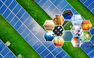 Sustainable renewable energy. Solar panels and wind turbines generate clean electricity for EV...