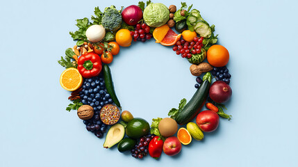 Blue circle made of various healthy foods, such as fruits, vegetables, and nuts, symbolizing diabetes awareness