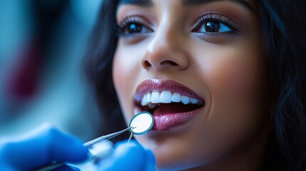 Obraz premium dental clinic visit with a woman receiving a thorough examination using mirror and tools to check teeth and gums focusing on hygiene and oral care