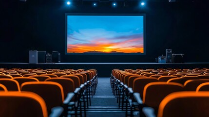 Naklejka premium Business conference setup featuring rows of chairs facing a large projection screen with corporate branding displayed