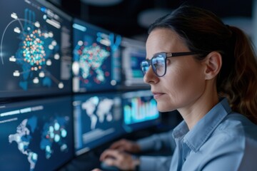A cyber security analyst investigating a potential threat on a screen in high-tech office