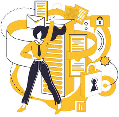 Big data vector illustration. Accounting, meticulous scribe, transcribes financial epics in scrolls big data Storage, silent fortress, protects treasures knowledge in realm big data