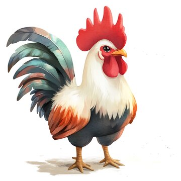 recommend clip art: Watercolor Rooster Illustration - Colorful Farm Bird with Red Comb and Tail Feathers.