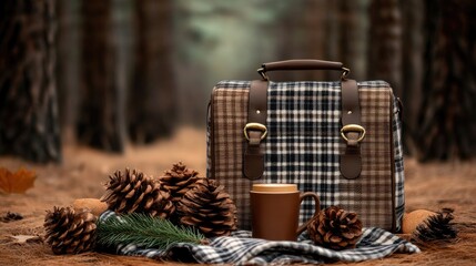 A charming picnic basket sits on a blanket in the forest, accompanied by a steaming cup of coffee amidst the warm autumn colors and a tranquil atmosphere