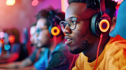 Obraz premium Focused Gamers Wearing Headphones and Glasses in a Colorful Gaming Environment