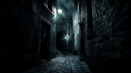 Eerie Dark Alley with Flickering Streetlights