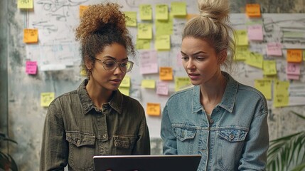 two women using a digital tablet and sticky notes to plan and collaborate on a project brainstorming creative ideas and coordinating tasks for business success